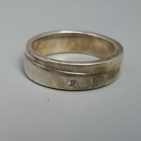 Vintage Sterling Silver Size 7 Band, Tiny Inset Rhinestone, 925, Unisex Estate - Picture 8 of 10
